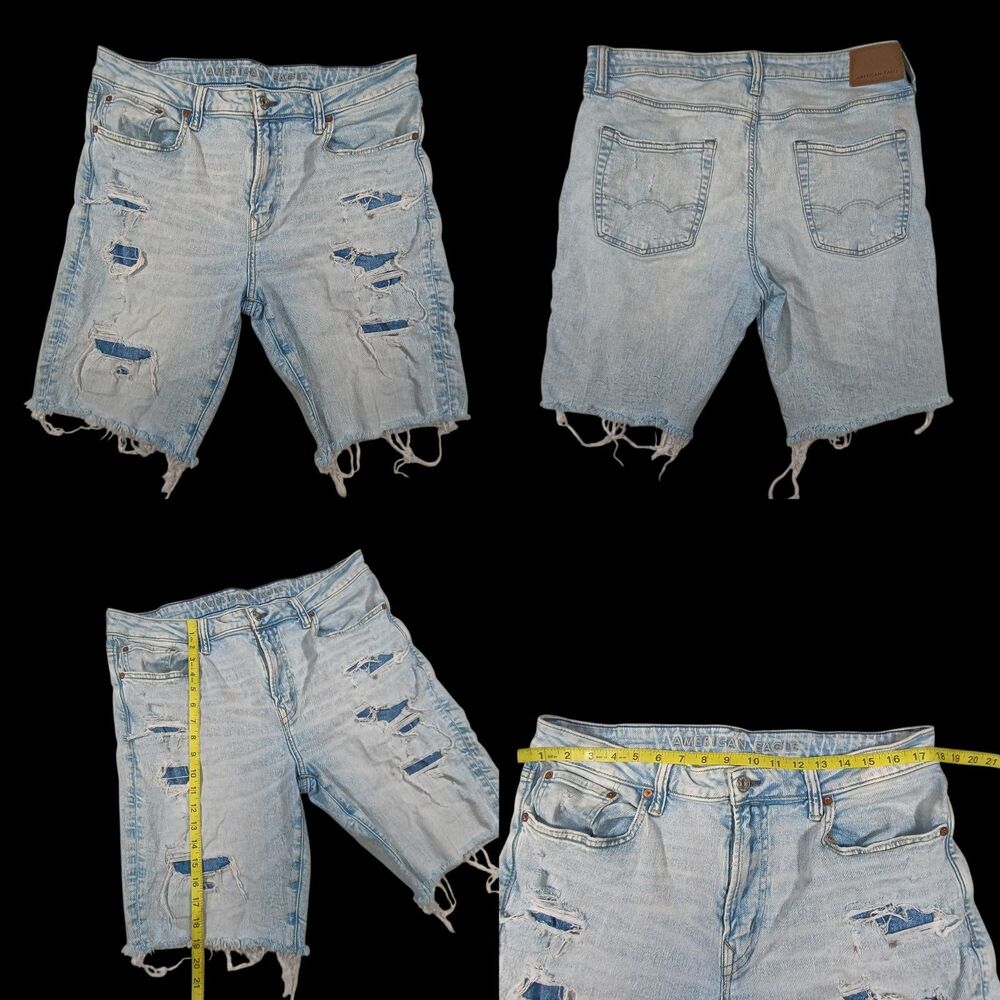 American Eagle Shorts Mens 36 Blue Air FLEX+ Distressed Cut Off Denim Y2K Style